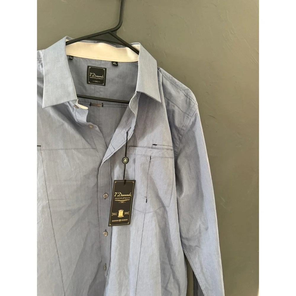 7 Diamonds Trevi Mens XL Blue Pinstripe Long Sleeve Button Down Cotton Shirt NWT